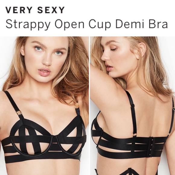 VS Bondage Open Cup BDSM Strappy Caged Victorias Secret Bra Demi Black Very Sexy - Picture 1 of 5